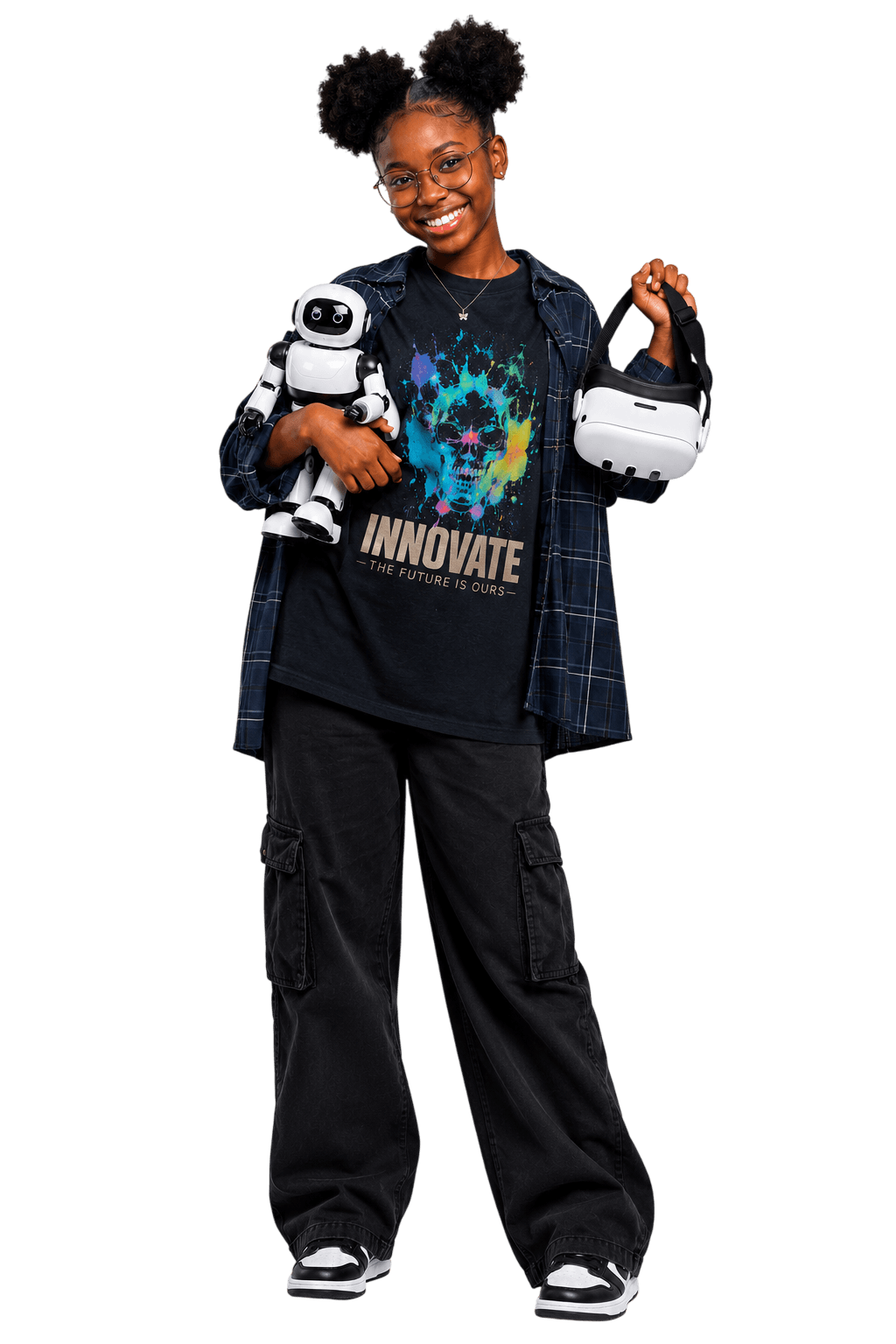 An IMMERSIA camper holding a robot and a VR headset